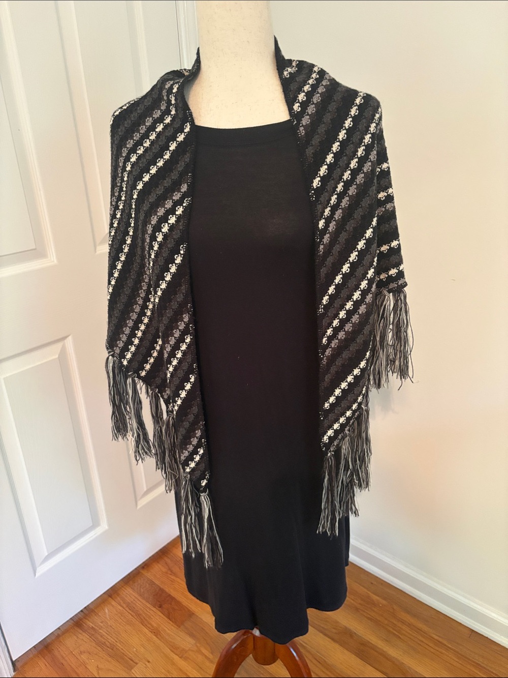 Steve Madden Black and Gray Fringe Shawl Wrap